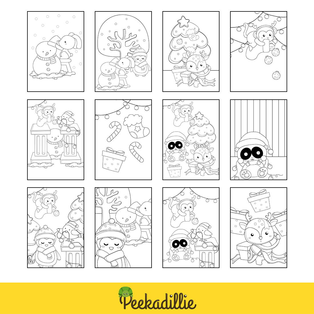 Christmas Animals Forest Bird Penguin Rabbit Panda Deer Monkey Winter Snowman Holiday Cartoon Coloring Pages for Kids and Adult preview image.