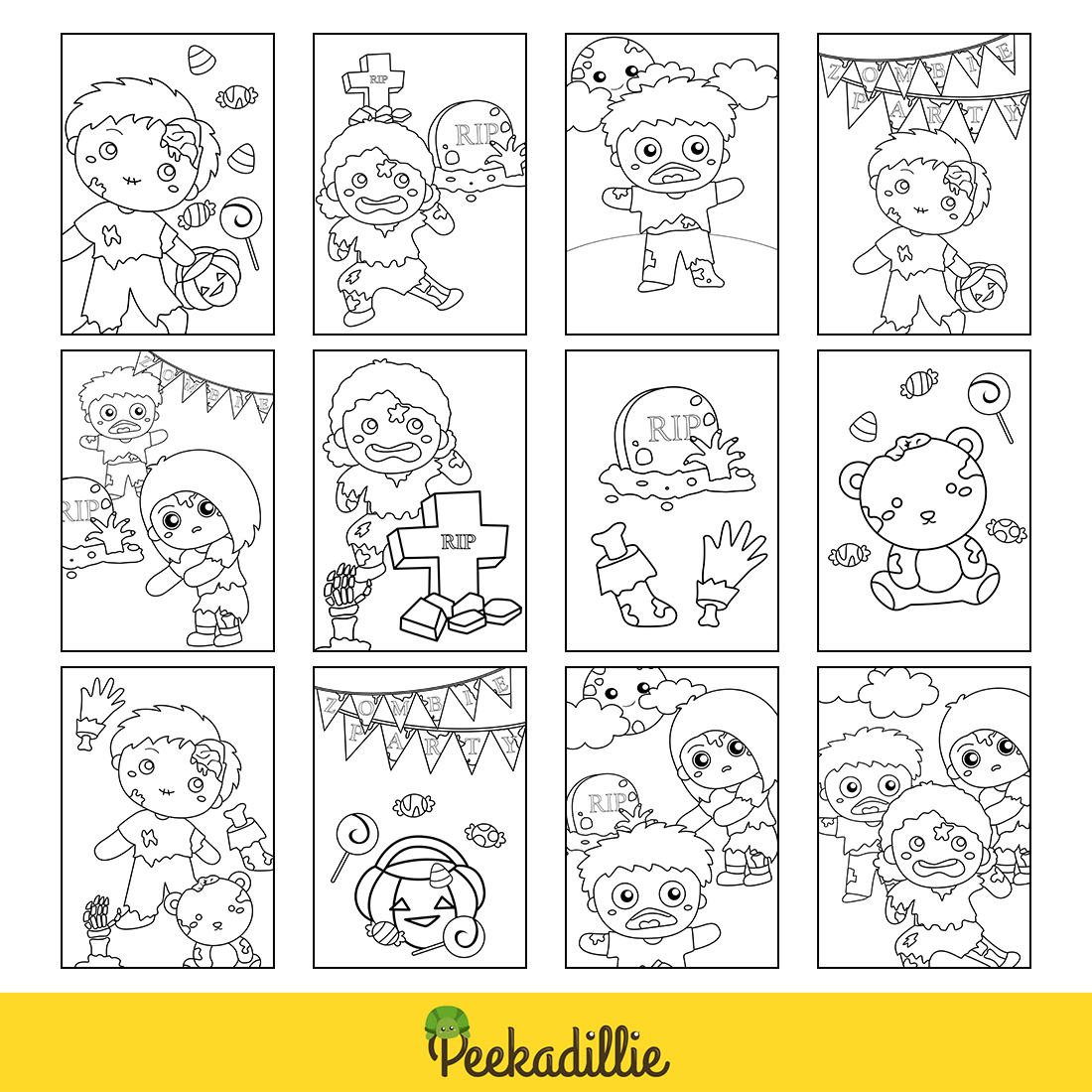 Kids Halloween Zombie Party Background Decoration October Event Cartoon Coloring Pages for Kids and Adult Activity preview image.