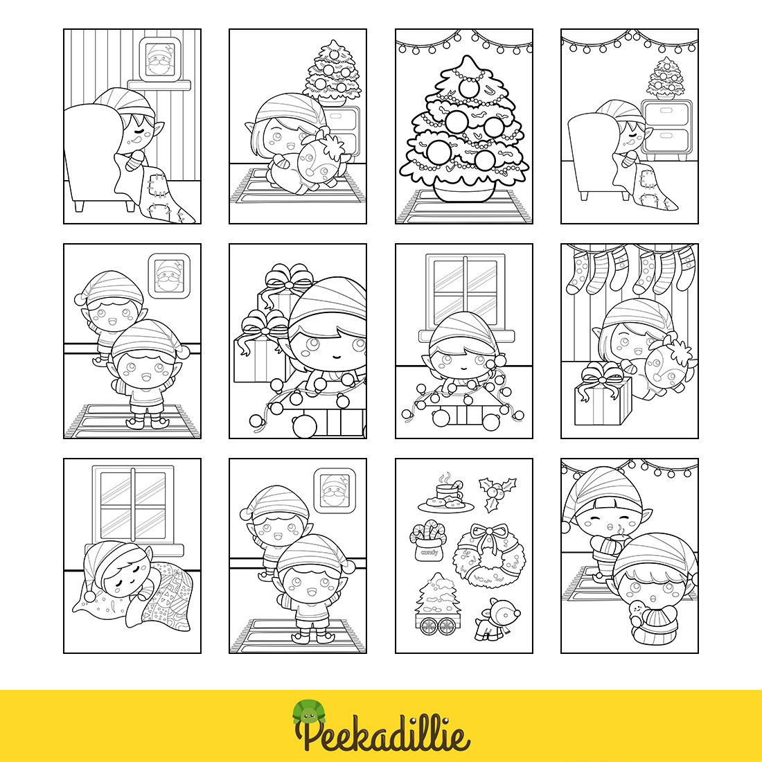 Cute Christmas Elf Kids Boy and Girl at Home and Decoration Outline Coloring Pages Activity preview image.