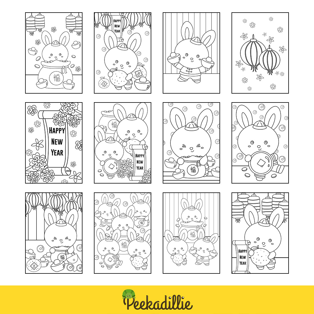 Cute Happy Rabbit Chinese New Year Party Animal Cartoon Coloring Pages for Kids and Adult preview image.