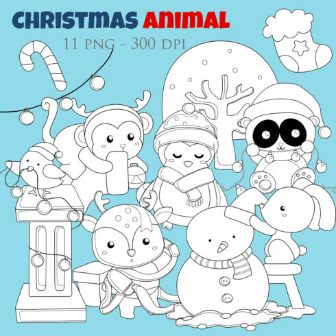 Funny Christmas Animals Decorate Christmas Tree and Snowman Monkey Penguin Bird Deer Rabbit Holiday Winter Cartoon Digital Stamp Outline Black and White cover image.