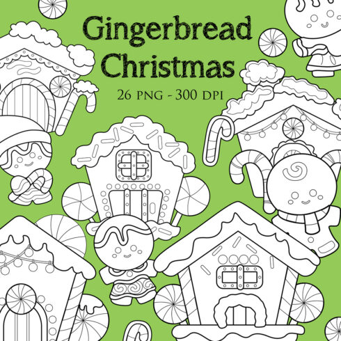 Cute Gingerbread Christmas Cookies House Cartoon and Decoration Object DIgital Stamp Outline Black and White cover image.