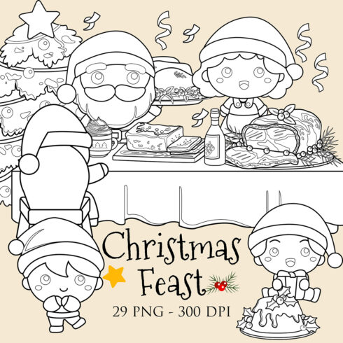 Christmas Feast Event Dinner Santa Clause Family Party Kids Food and Drink Holiday Background Decoration Cartoon Digital Stamp Outline cover image.