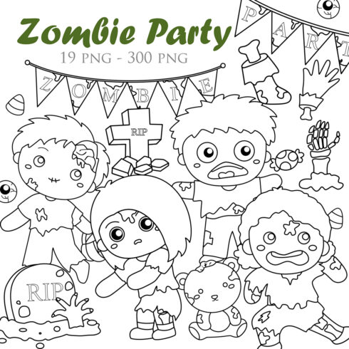 Kids Halloween Zombie Party Background Decoration October Event Cartoon Digital Stamp Outlinr cover image.
