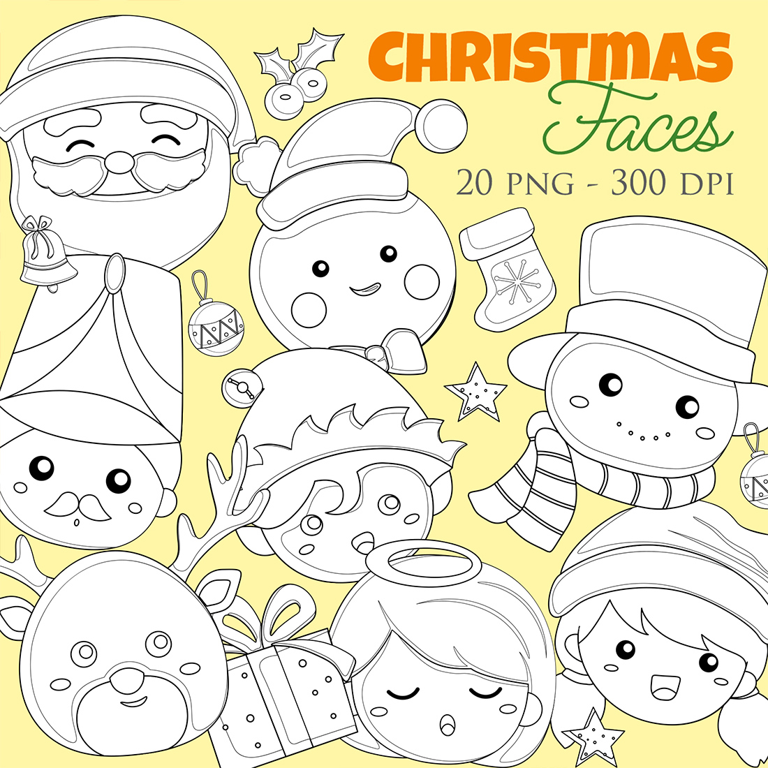 Cute Christmas Faces Elf Snowman Deer Animal Girl Kids Angel Cartoon Digital Stamp Outline Black and White cover image.