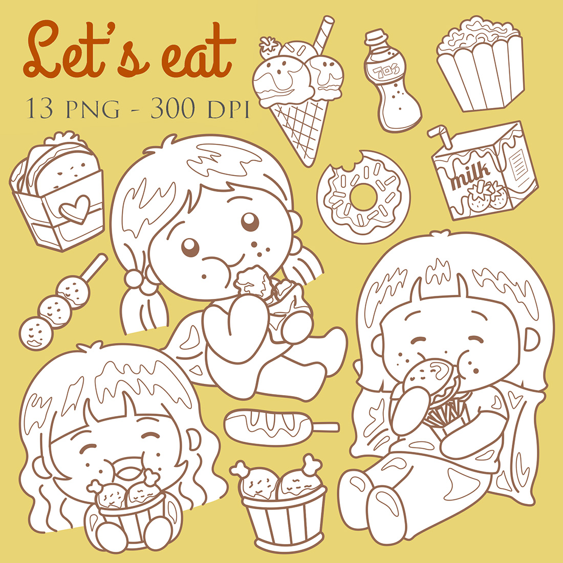 Cartoon Girl Kids Lets Love Like To Eat Food and Drink with Happy Popcorn Sandwich Chicken Ice Cream Donut Milk Digital Stamp Outline Black and White cover image.