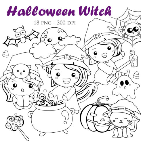Cute Girl with Halloween Witch Costume and Animals October Event Digital Stamp Outline cover image.