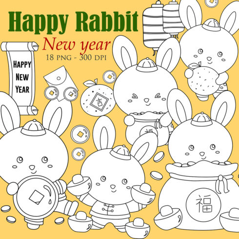 Cute Happy Rabbit Animal Chinese New Year Decoration Cartoon Animal Digital Stamp Outline cover image.