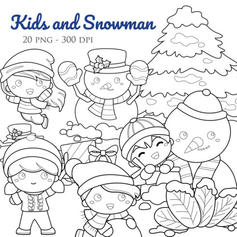Happy Kids and Snowman Christmas Holiday Celebrate Cartoon Digital Stamp Outline Black and White cover image.