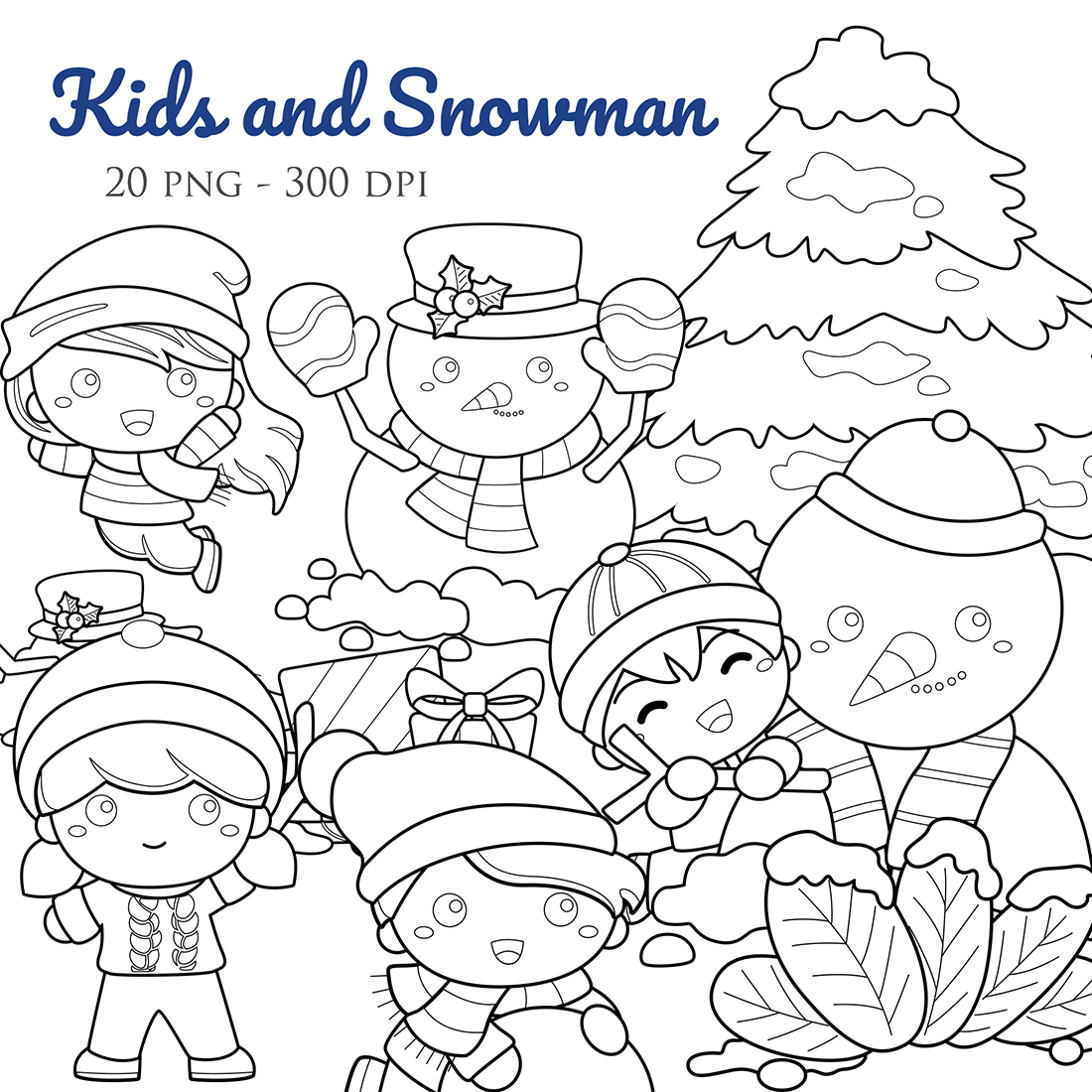 Happy Kids and Snowman Christmas Holiday Celebrate Cartoon Digital Stamp Outline Black and White cover image.