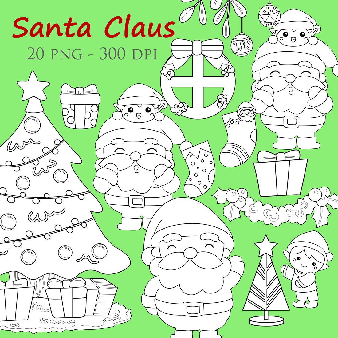 Santa Claus Kids Elf Christmas Tree Decoration Object Cartoon Digital Stamp Outline Black and White cover image.