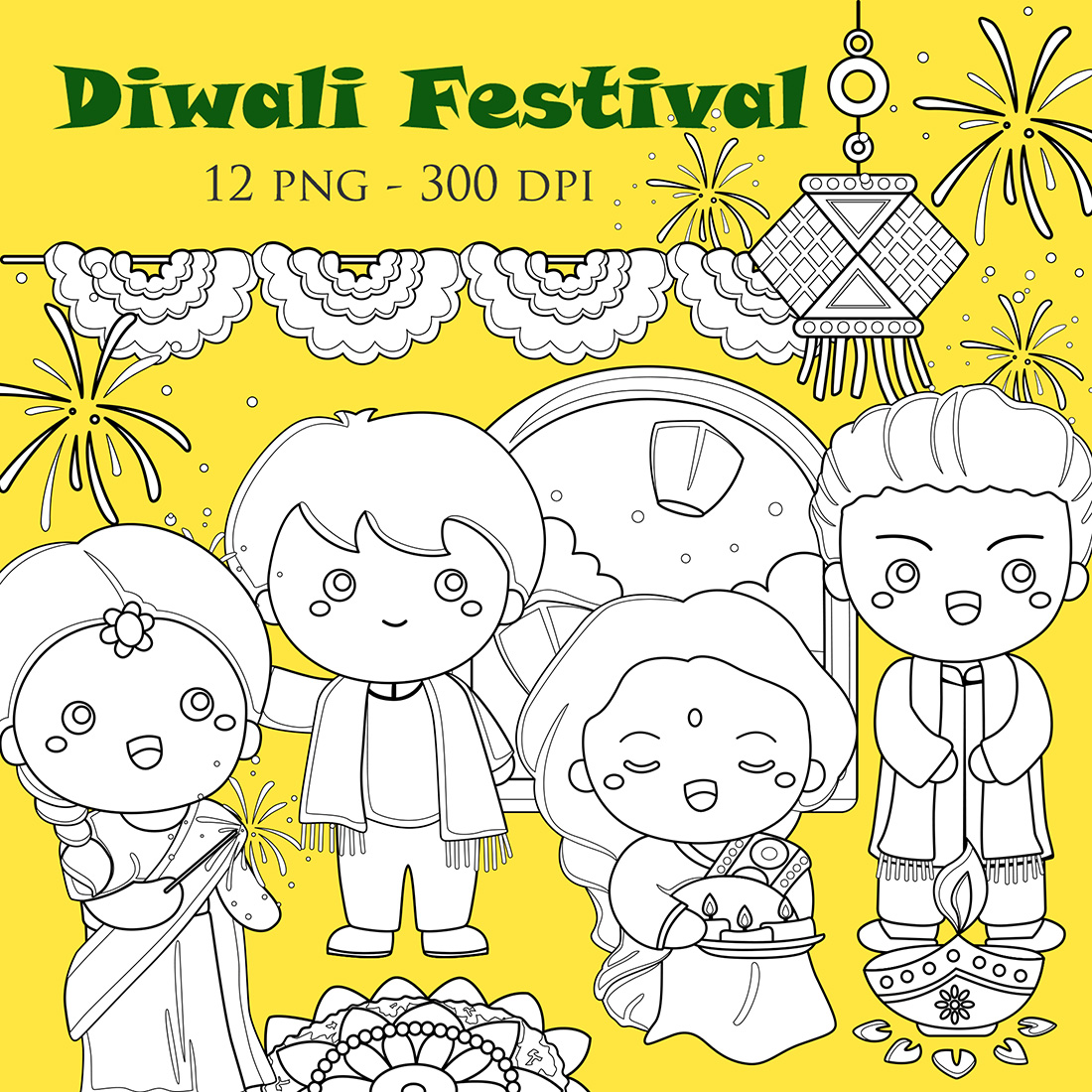 Diwali Deepavali Festival Kids Couple India Hindus Traditional Celebration Background Party Event Decoration Cartoon Digital Stamp Outline cover image.