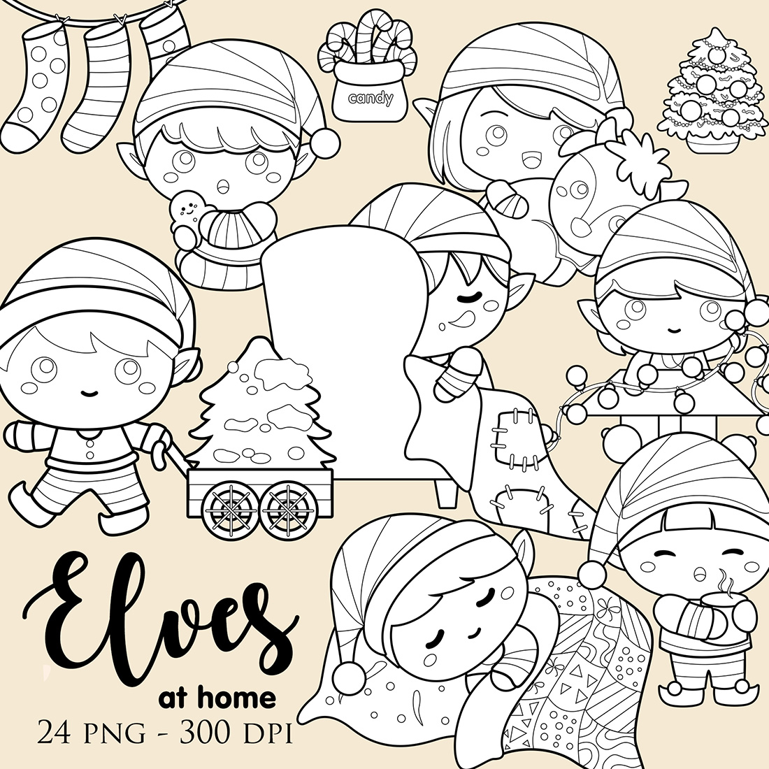 Cute Kids Christmas Elf Holiday Decoration Home Background Cartoon Digital Stamp Outline Black and White cover image.
