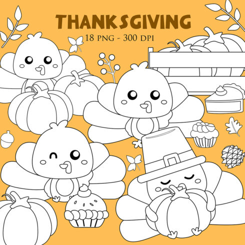 Thanksgiving Turkey Bird Garden Party Decoration Animal and Food Pie Season Holiday Background Cartoon Digital Stamp Outline cover image.