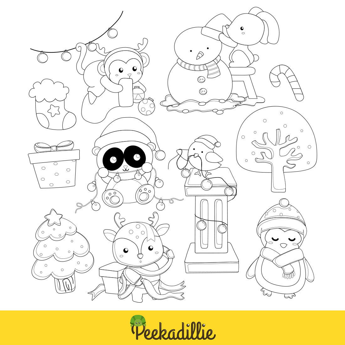 Funny Christmas Animals Decorate Christmas Tree and Snowman Monkey Penguin Bird Deer Rabbit Holiday Winter Cartoon Digital Stamp Outline Black and White preview image.