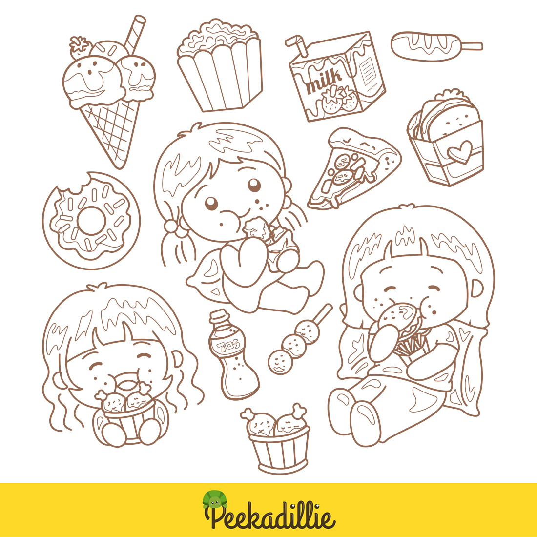 Cartoon Girl Kids Lets Love Like To Eat Food and Drink with Happy Popcorn Sandwich Chicken Ice Cream Donut Milk Digital Stamp Outline Black and White preview image.