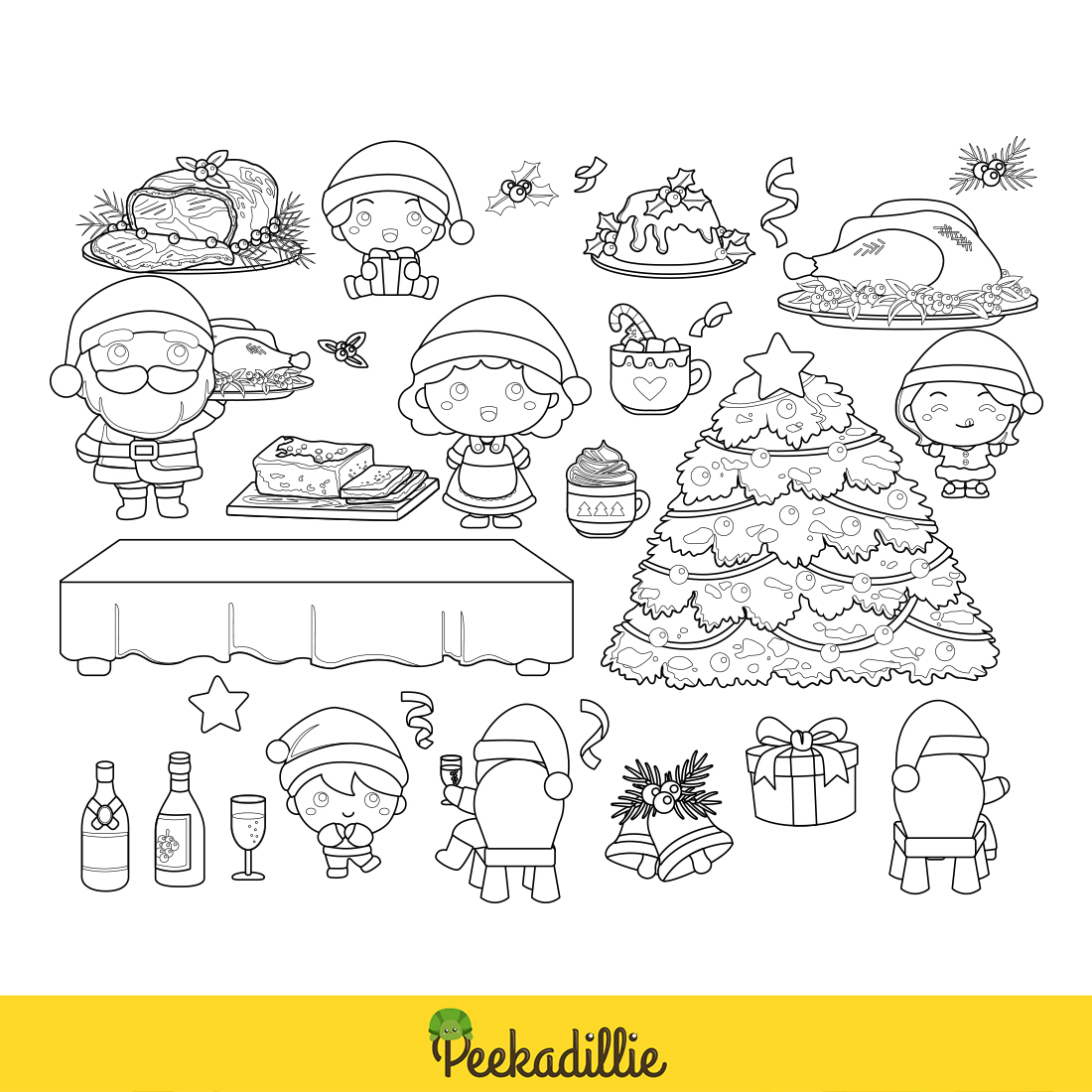 Christmas Feast Event Dinner Santa Clause Family Party Kids Food and Drink Holiday Background Decoration Cartoon Digital Stamp Outline preview image.