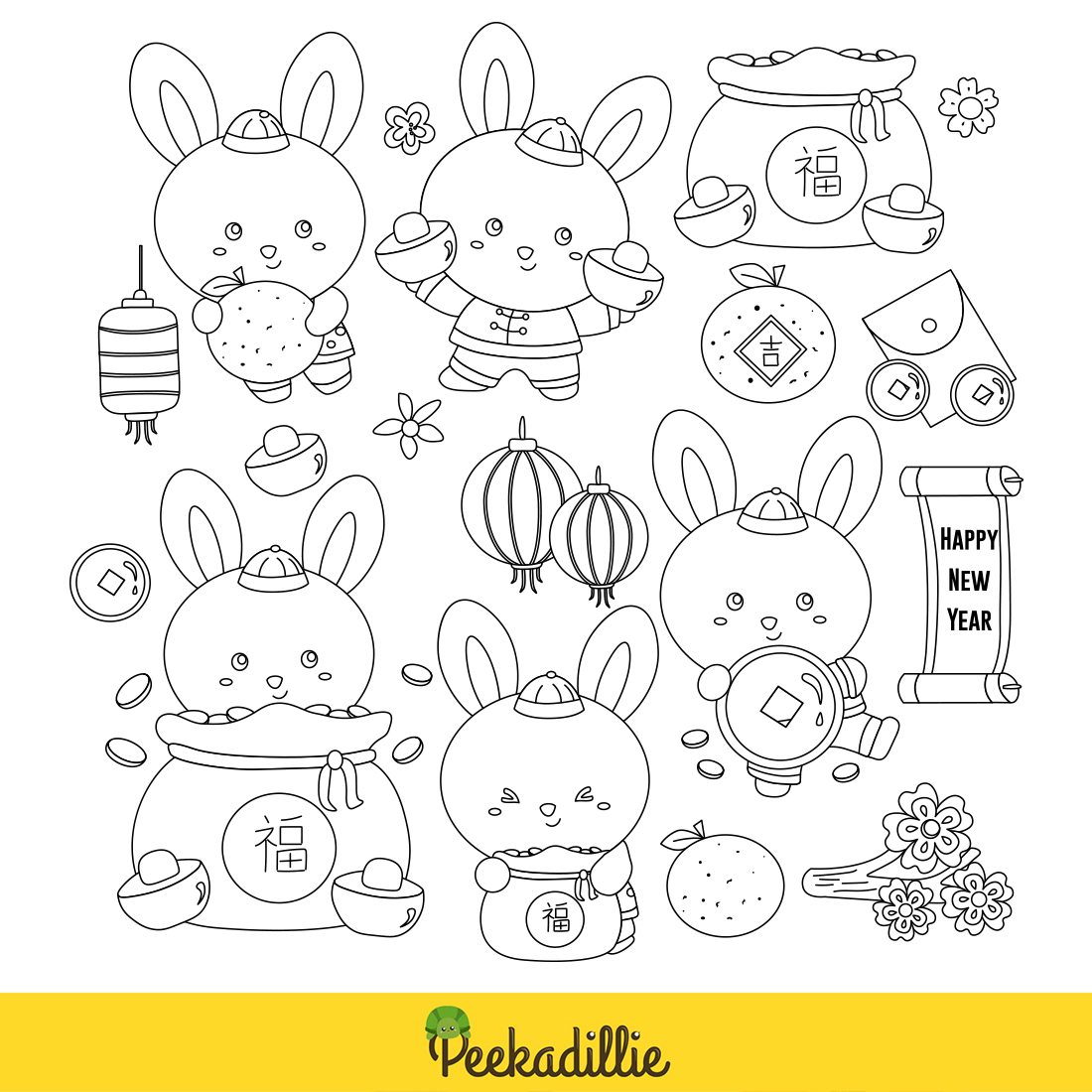 Cute Happy Rabbit Animal Chinese New Year Decoration Cartoon Animal Digital Stamp Outline preview image.