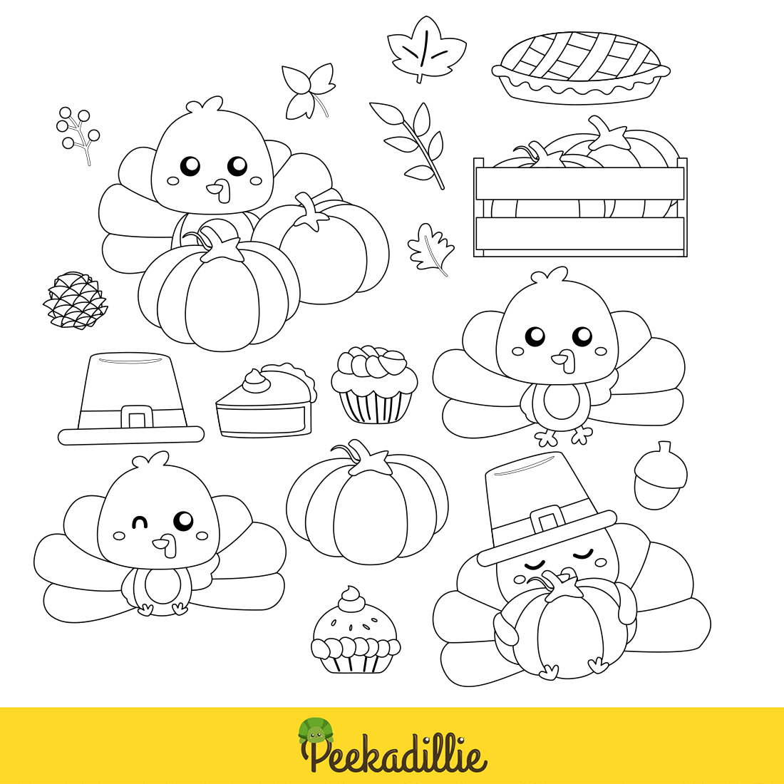 Thanksgiving Turkey Bird Garden Party Decoration Animal and Food Pie Season Holiday Background Cartoon Digital Stamp Outline preview image.