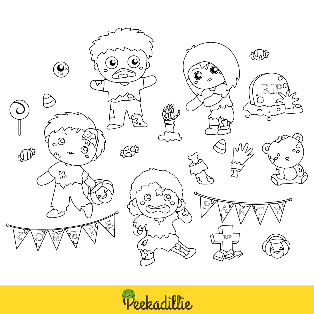 Kids Halloween Zombie Party Background Decoration October Event Cartoon Digital Stamp Outlinr preview image.