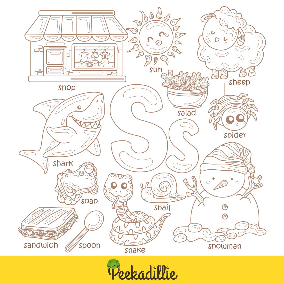 Alphabet S For Shark Sandwich Soap Snail Snake Salad Spoon Snowman Spider Shop Sheep Sun Vocabulary School Lesson Cartoon Digital Stamp Outline Black and White preview image.