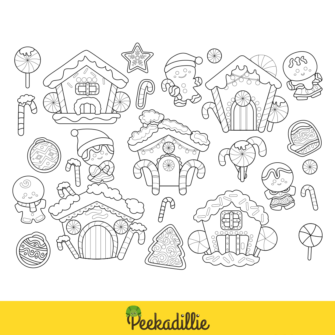 Cute Gingerbread Christmas Cookies House Cartoon and Decoration Object DIgital Stamp Outline Black and White preview image.