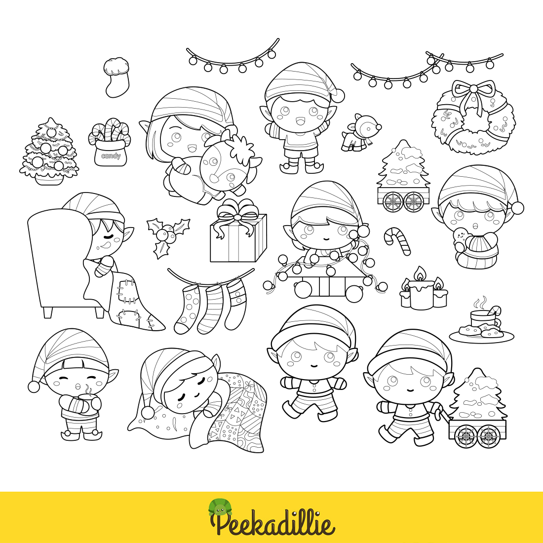 Cute Kids Christmas Elf Holiday Decoration Home Background Cartoon Digital Stamp Outline Black and White preview image.