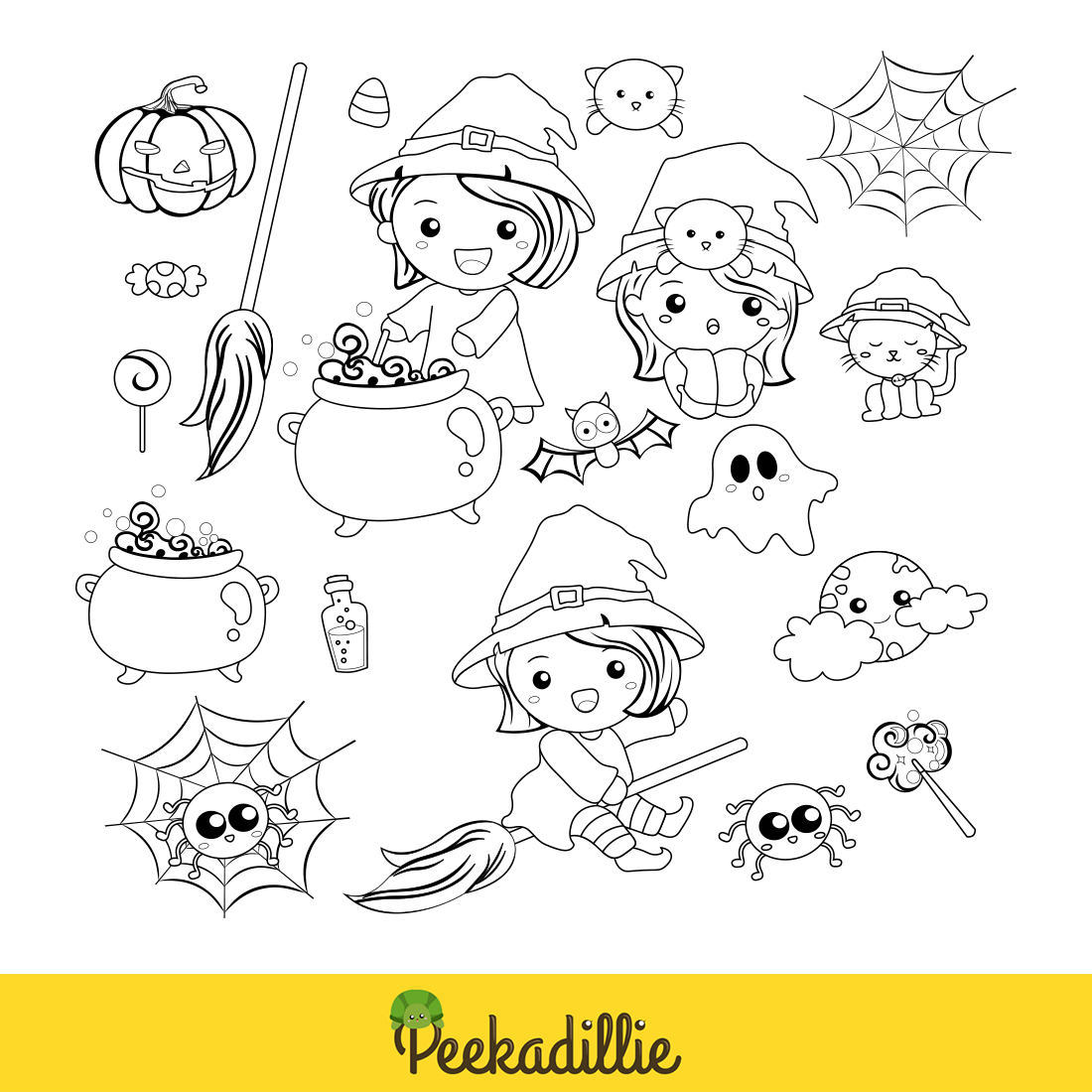 Cute Girl with Halloween Witch Costume and Animals October Event Digital Stamp Outline preview image.