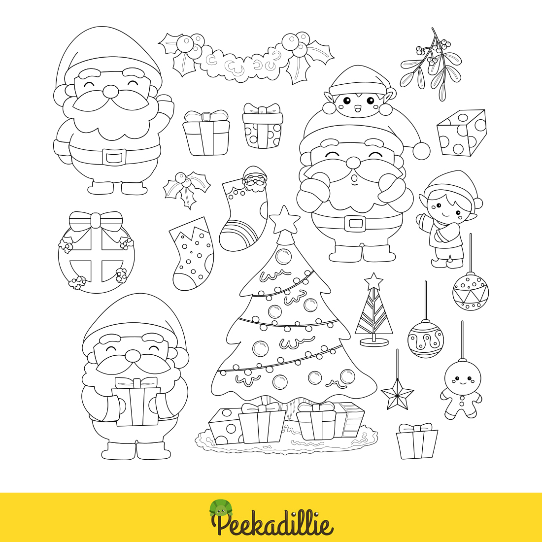 Santa Claus Kids Elf Christmas Tree Decoration Object Cartoon Digital Stamp Outline Black and White preview image.