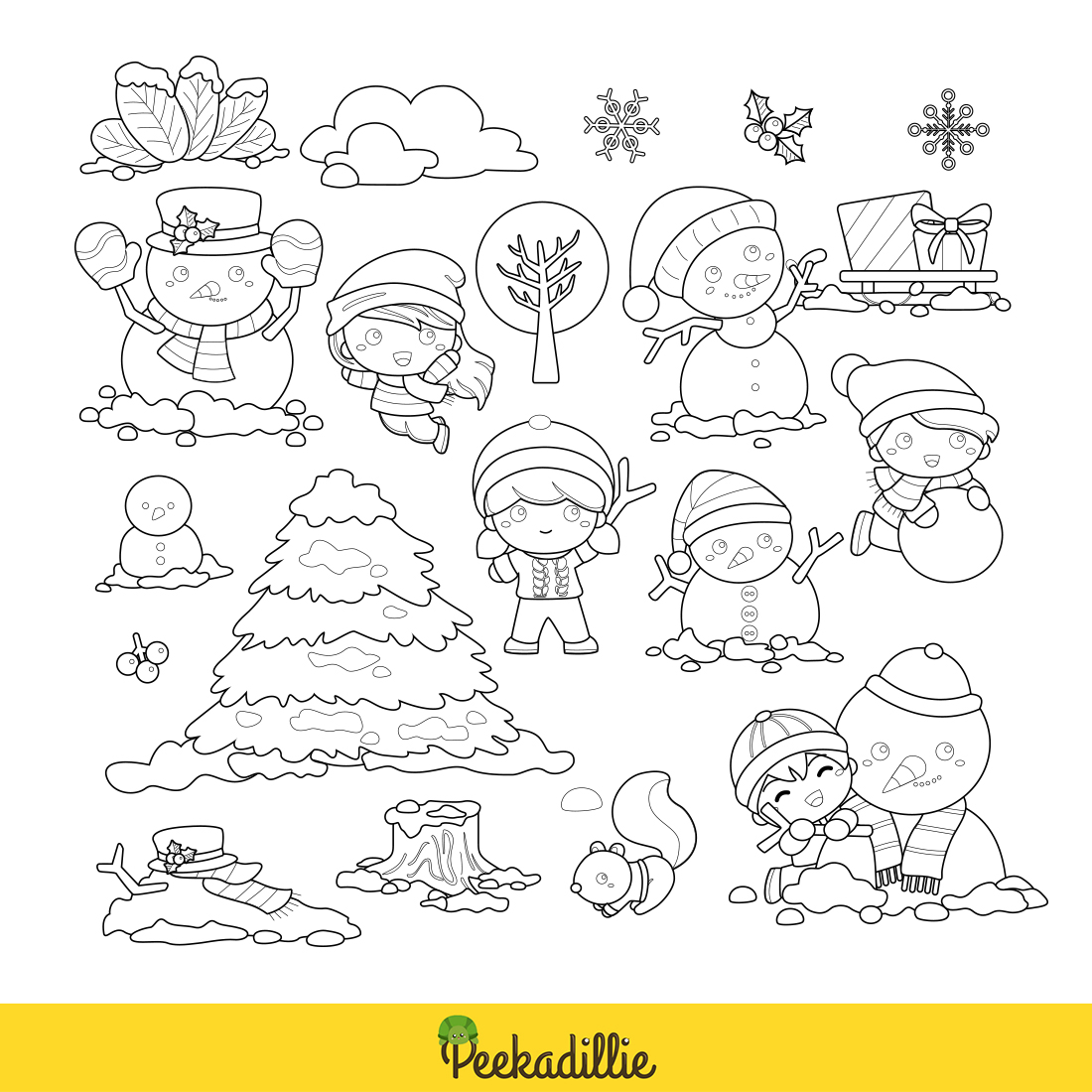 Happy Kids and Snowman Christmas Holiday Celebrate Cartoon Digital Stamp Outline Black and White preview image.