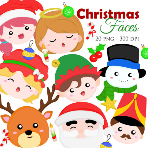 Cute Colorful Christmas Faces Elf Snowman Deer Animal Girl Kids Angel Cartoon Decoration Background Illustration Vector Clipart cover image.