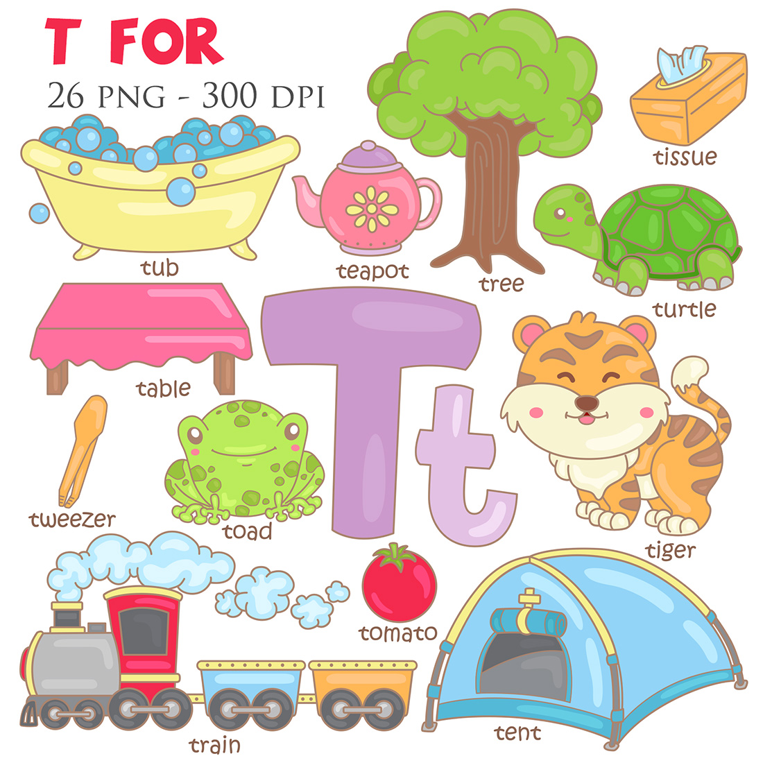 Alphabet T For Vocabulary School Letter Reading Writing Font Study Learning Student Toodler Kids Cartoon Lesson Tomato Tent Tub Tissue Turtle Train Tree Teapot Tiger Tweezer Table Toad Illustration Vector Clipart Cartoon cover image.
