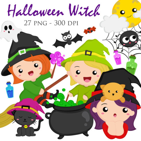 Cute Colorful Halloween Witch Costume Party Girl Kids Decoration Background Cartoon Illustration Vector Clipart cover image.