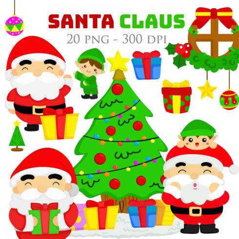 Cute Colorful Santa Claus Christmas and Kids Elf and Tree Decoration Background Party Holiday Cartoon Illustration Vector Clipart Sticker cover image.