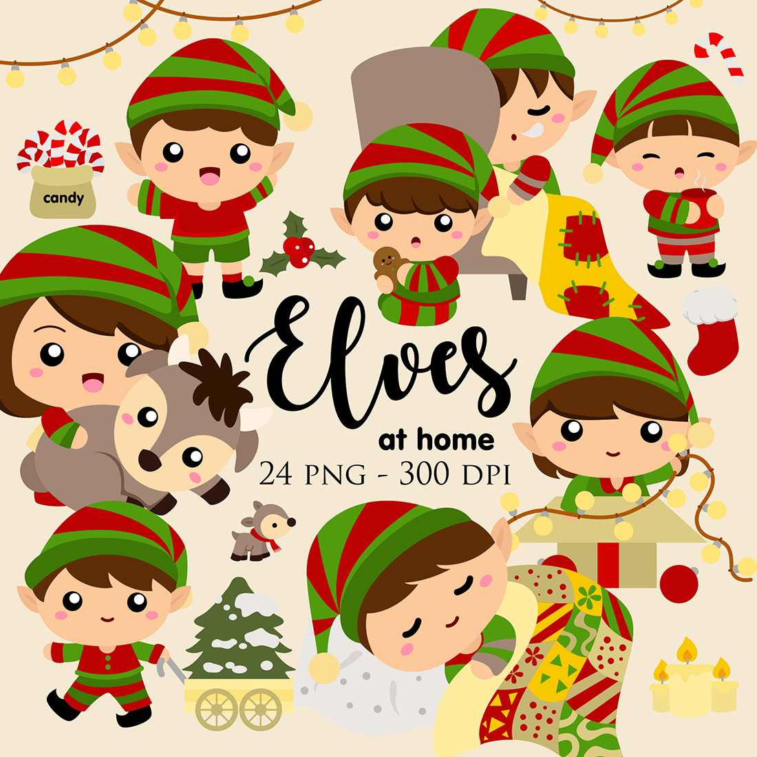 Colorful Christmas Elf Kids Girl Boy Character At Home Cartoon Illustration Vector Clipart Sticker Decoration Background cover image.