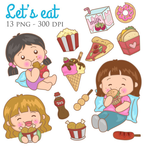 Cute and Funny Little Girl Kids Love and Like To Eat Food and Junk Food Drink Feel Happy Ice Cream Popcorn Pizza Sandwich Donut Milk Fried Chicken Cola Illustration Cartoon Clipart Vector cover image.