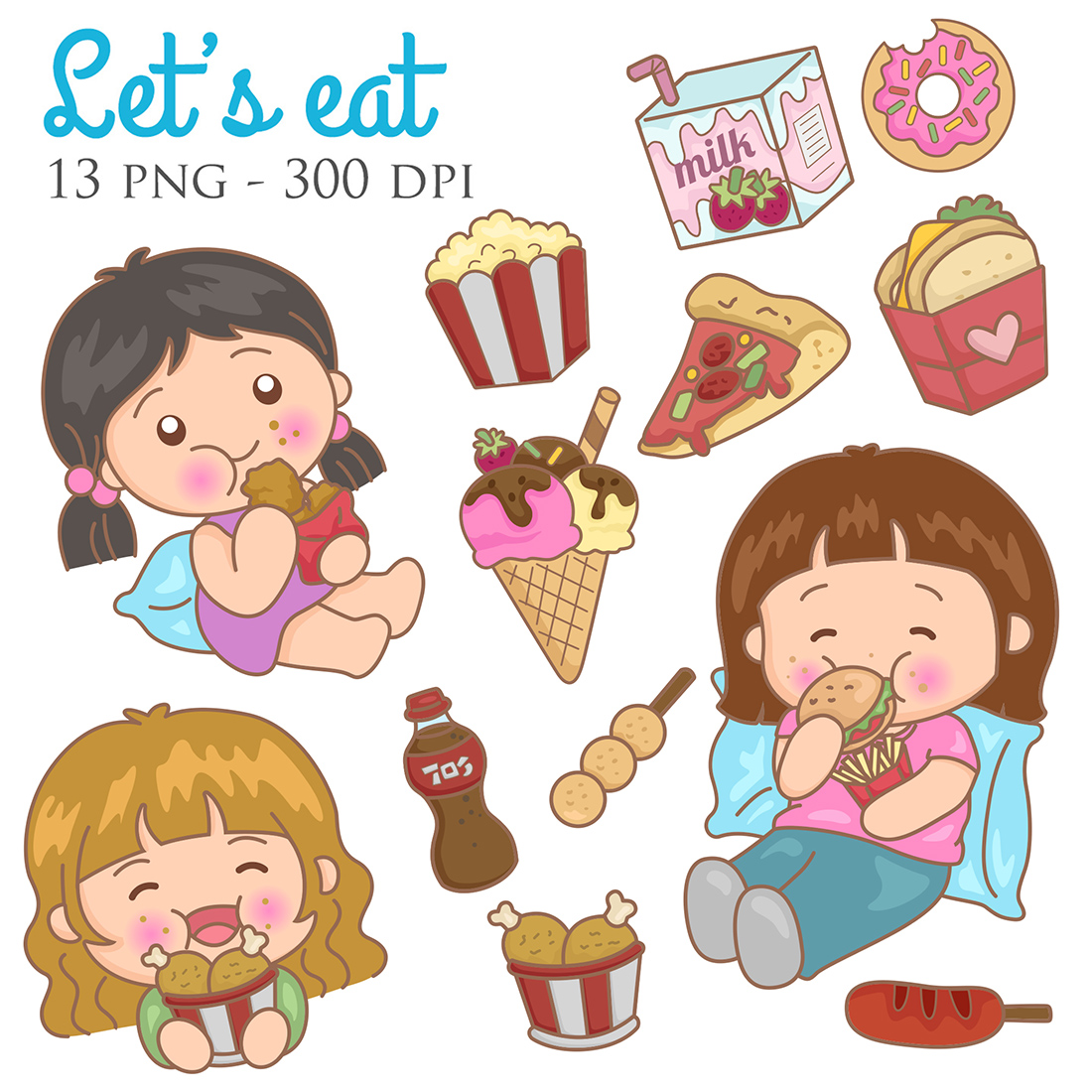 Cute and Funny Little Girl Kids Love and Like To Eat Food and Junk Food Drink Feel Happy Ice Cream Popcorn Pizza Sandwich Donut Milk Fried Chicken Cola Illustration Cartoon Clipart Vector cover image.