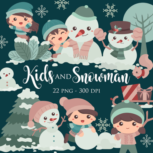 Kids and Snowman Christmas Holiday Nature Tree Snowflake Animal Present Gift Activity Sticker Illustration Vector Clipart Cartoon cover image.