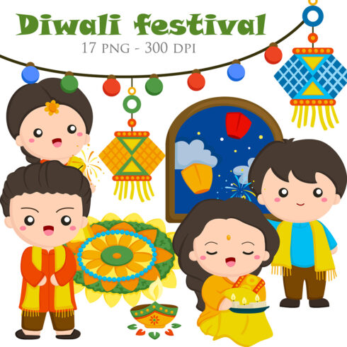 Happy Diwali Deepavali Festival Celebration Traditional Party Background Cartoon Kids Family Couple Illustration Vector Clipart cover image.