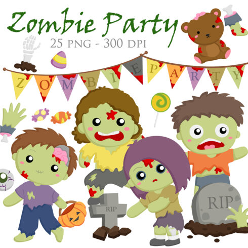 Kids Halloween Zombie Party Background Decoration October Event Cartoon Illustration Vector Clipart Sticker cover image.