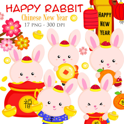 Cute Rabbit Happy Chinese New Year Animal Background Decoration Party Cartoon Illustration Vector Clipart Sticker cover image.