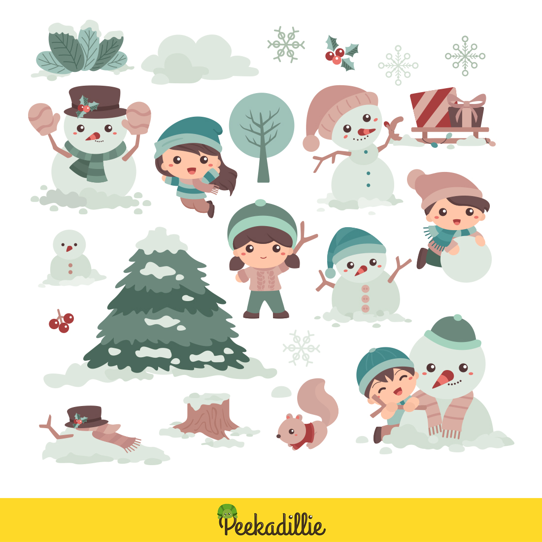 Kids and Snowman Christmas Holiday Nature Tree Snowflake Animal Present Gift Activity Sticker Illustration Vector Clipart Cartoon preview image.