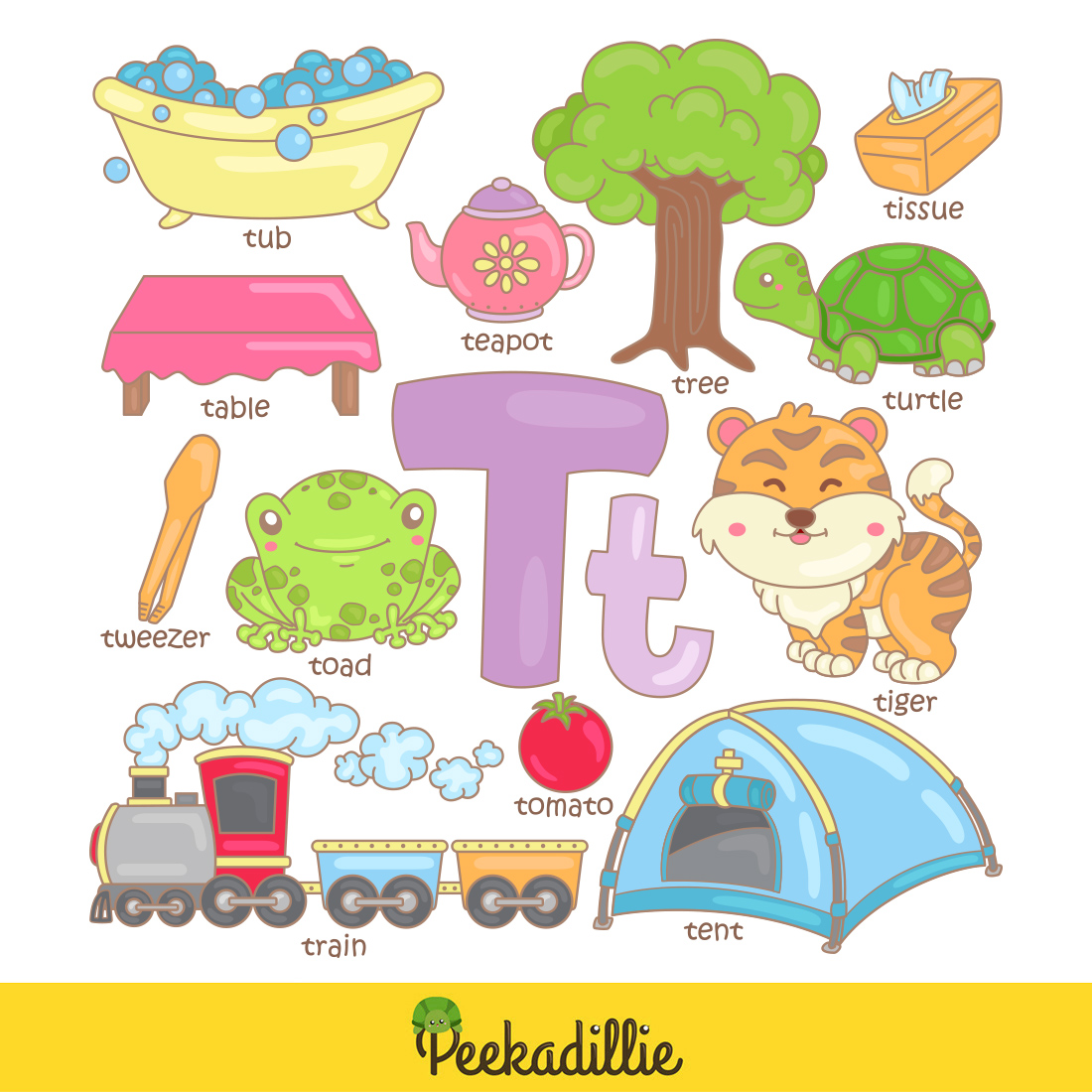 Alphabet T For Vocabulary School Letter Reading Writing Font Study Learning Student Toodler Kids Cartoon Lesson Tomato Tent Tub Tissue Turtle Train Tree Teapot Tiger Tweezer Table Toad Illustration Vector Clipart Cartoon preview image.