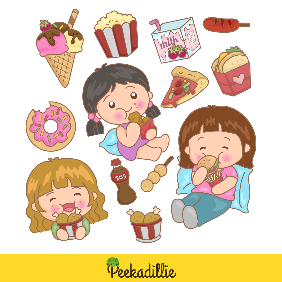 Cute and Funny Little Girl Kids Love and Like To Eat Food and Junk Food Drink Feel Happy Ice Cream Popcorn Pizza Sandwich Donut Milk Fried Chicken Cola Illustration Cartoon Clipart Vector preview image.