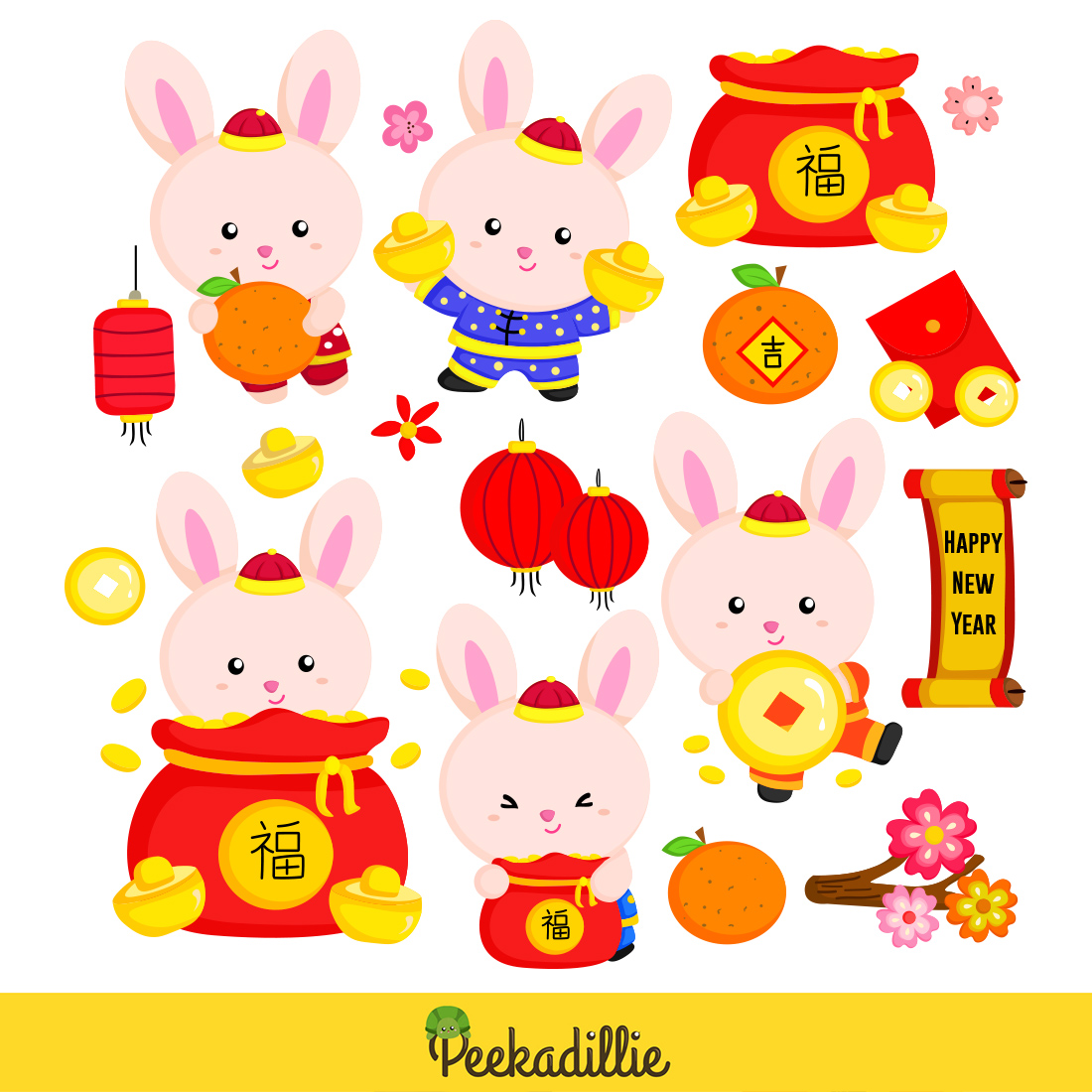 Cute Rabbit Happy Chinese New Year Animal Background Decoration Party Cartoon Illustration Vector Clipart Sticker preview image.