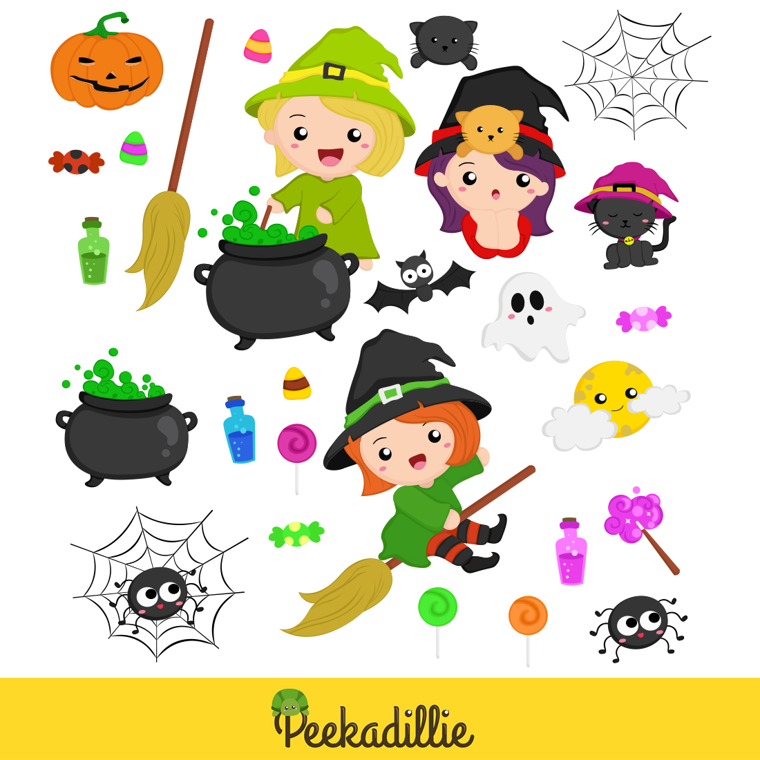 Cute Colorful Halloween Witch Costume Party Girl Kids Decoration Background Cartoon Illustration Vector Clipart preview image.