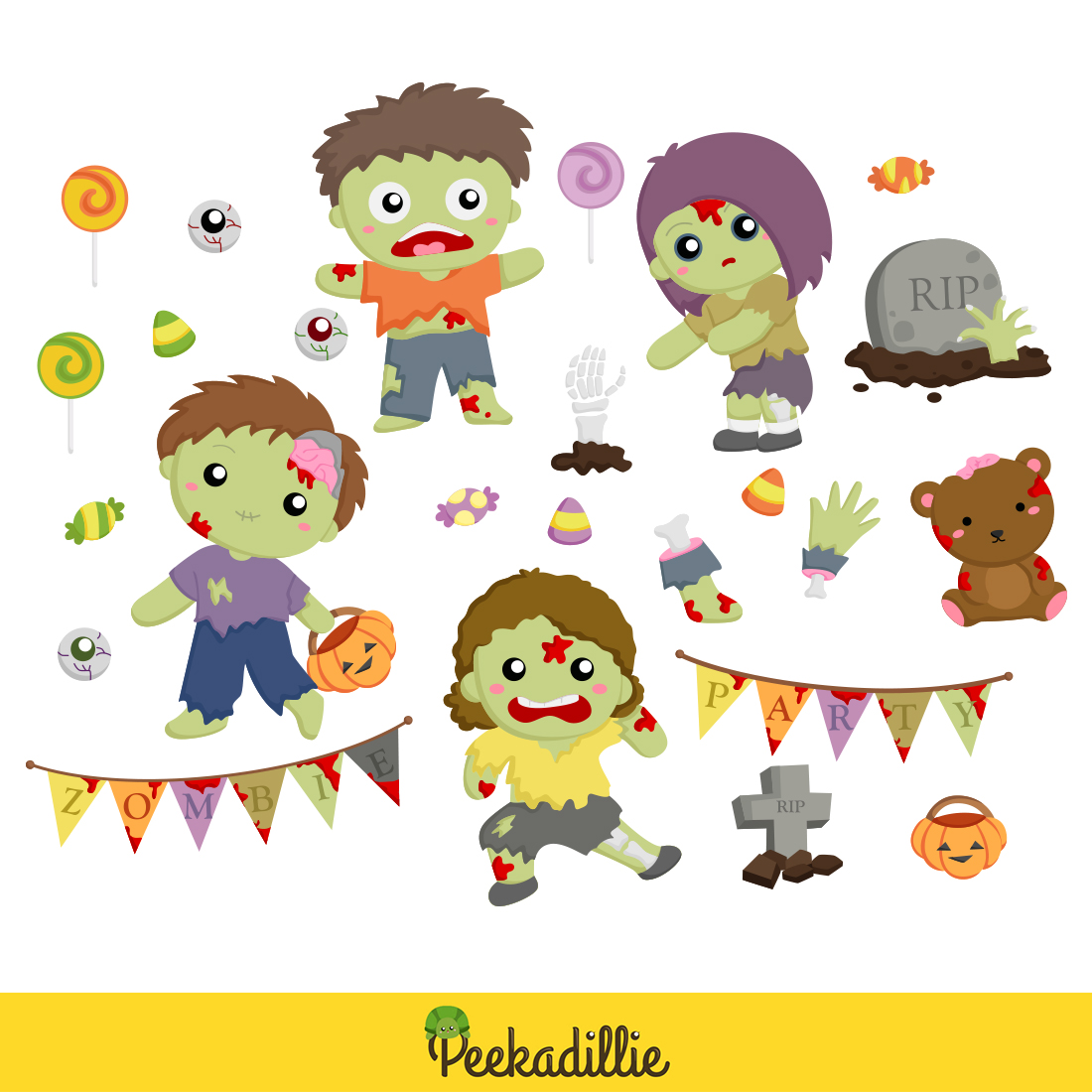 Kids Halloween Zombie Party Background Decoration October Event Cartoon Illustration Vector Clipart Sticker preview image.