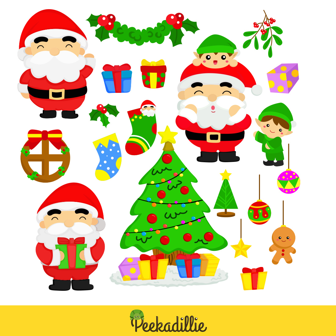Cute Colorful Santa Claus Christmas and Kids Elf and Tree Decoration Background Party Holiday Cartoon Illustration Vector Clipart Sticker preview image.