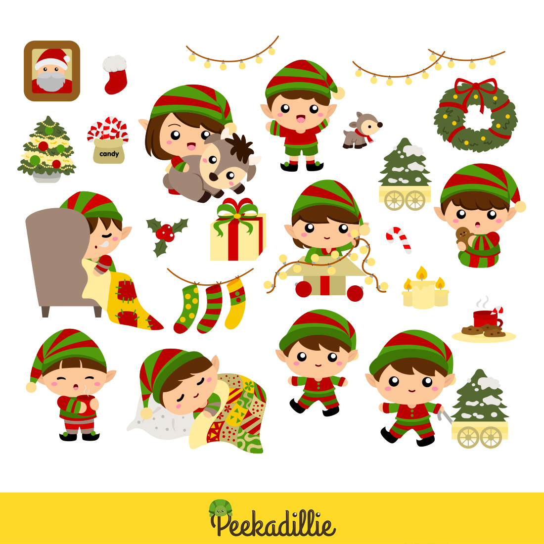 Colorful Christmas Elf Kids Girl Boy Character At Home Cartoon Illustration Vector Clipart Sticker Decoration Background preview image.