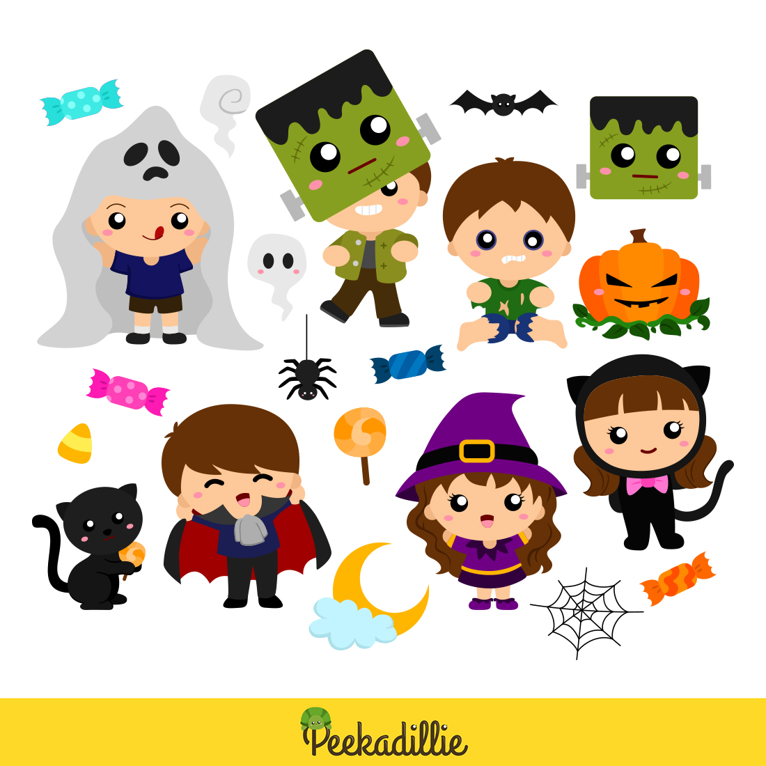 Kids and Halloween October Costume Party Ghost Witch Frakenstein Cat Vampire Dark Night Decoration Illustration Vector Clipart Cartoon preview image.
